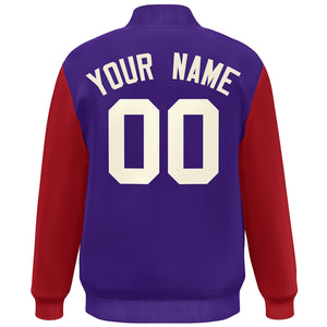 Custom Purple Crimson-White Color Block Varsity Full-Snap Bomber Jacket