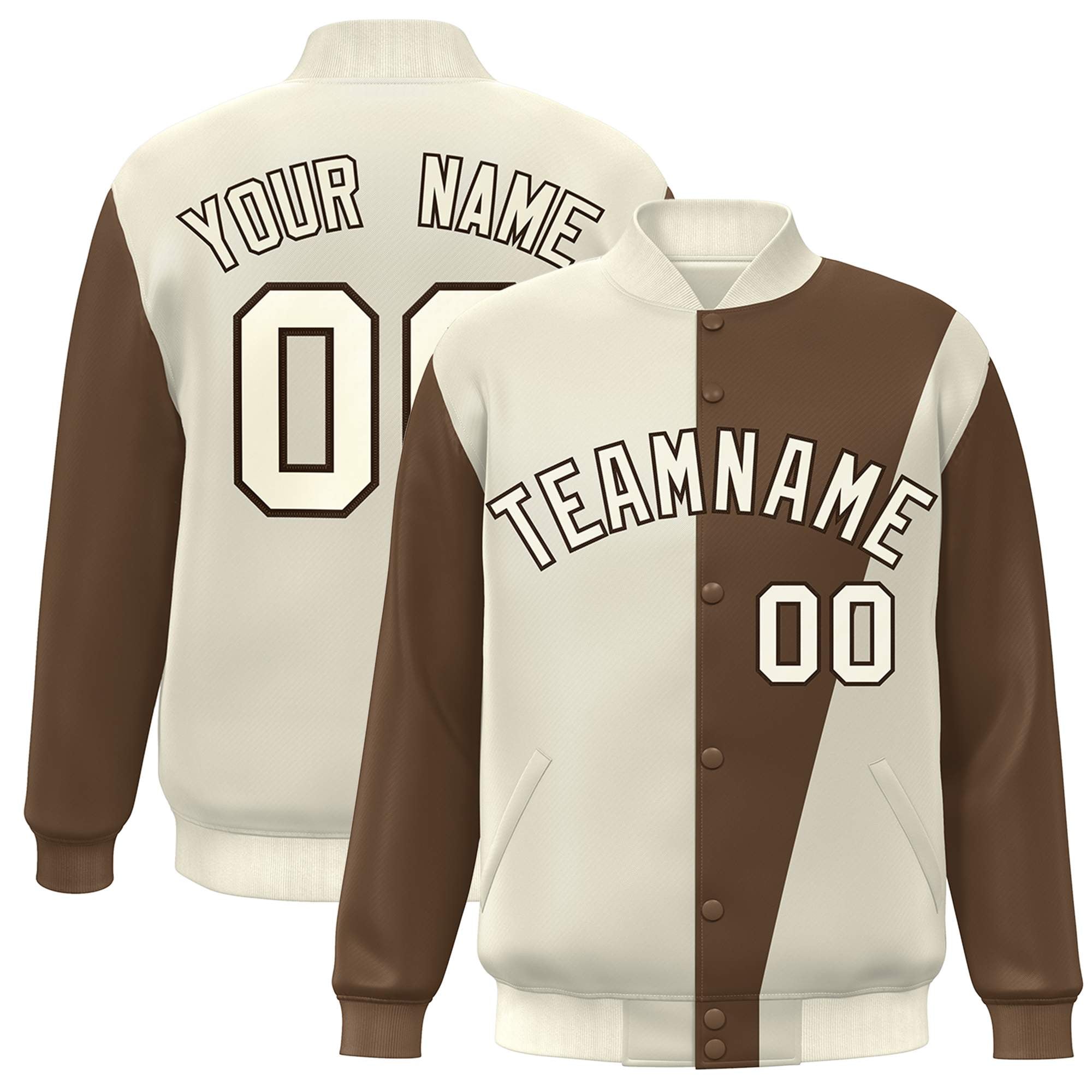 Custom Cream Brown Color Block Varsity Full-Snap Bomber Jacket