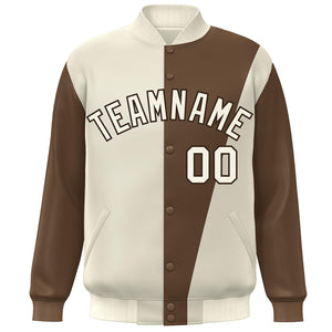 Custom Cream Brown Color Block Varsity Full-Snap Bomber Jacket