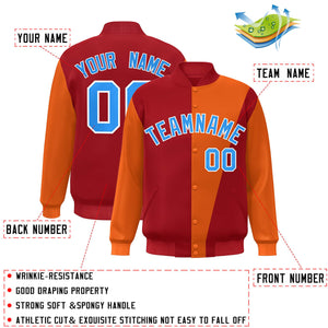 Custom Red Orange-Powder Blue Color Block Varsity Full-Snap Bomber Jacket