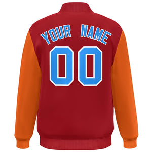 Custom Red Orange-Powder Blue Color Block Varsity Full-Snap Bomber Jacket