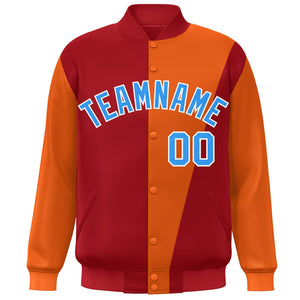 Custom Red Orange-Powder Blue Color Block Varsity Full-Snap Bomber Jacket