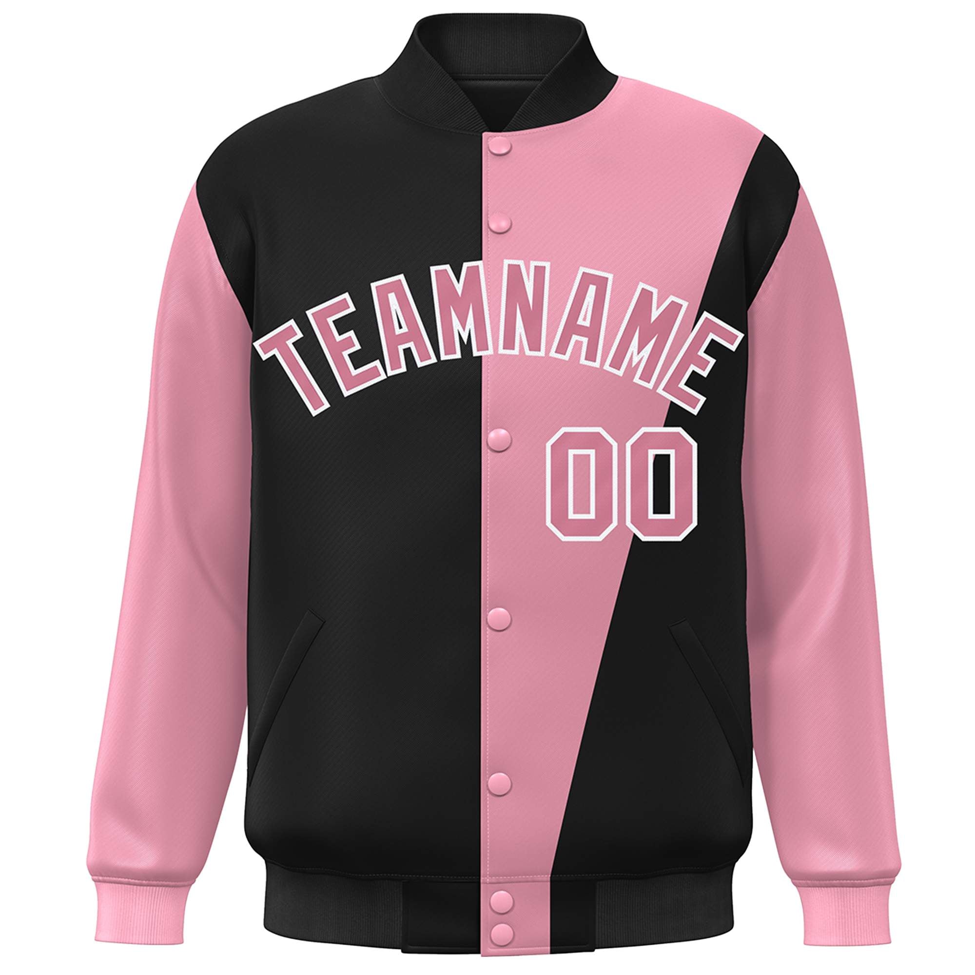 Custom Black Pink-White Color Block Varsity Full-Snap Bomber Jacket