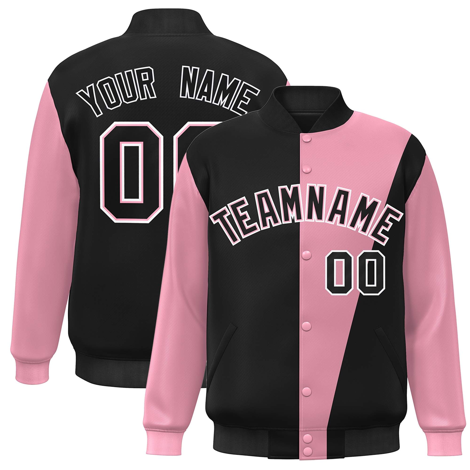 Custom Black Pink-White Color Block Varsity Full-Snap Bomber Jacket