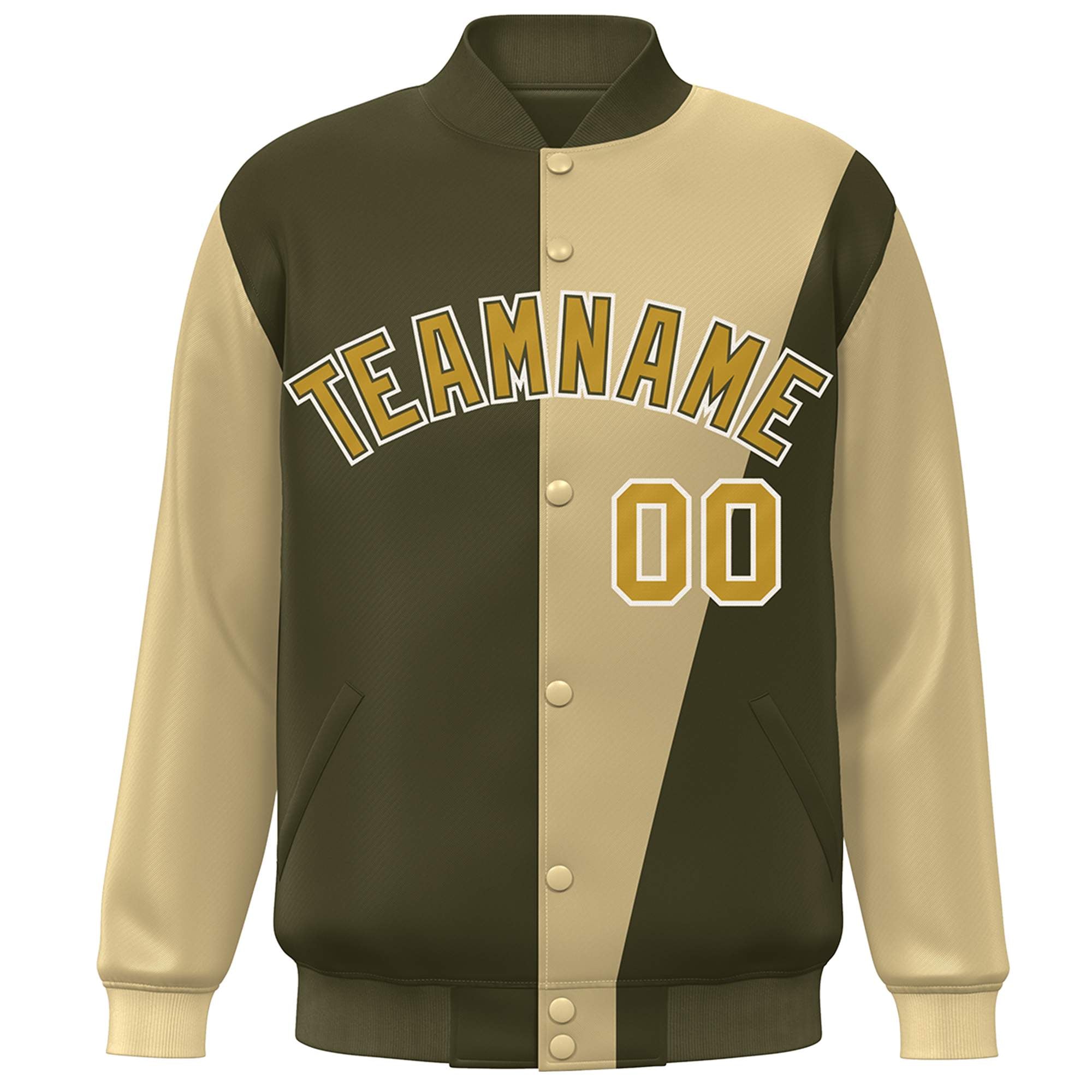 Custom Olive Khaki-Old Gold Color Block Varsity Full-Snap Bomber Jacket