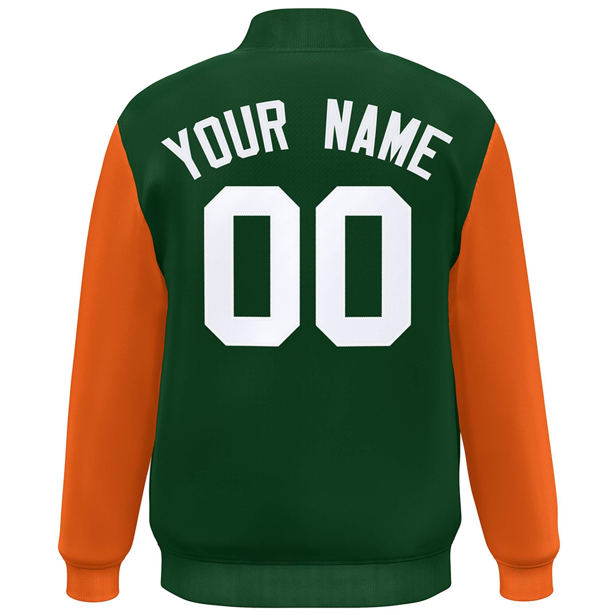 Custom Green Orange-White Color Block Varsity Full-Snap Bomber Jacket