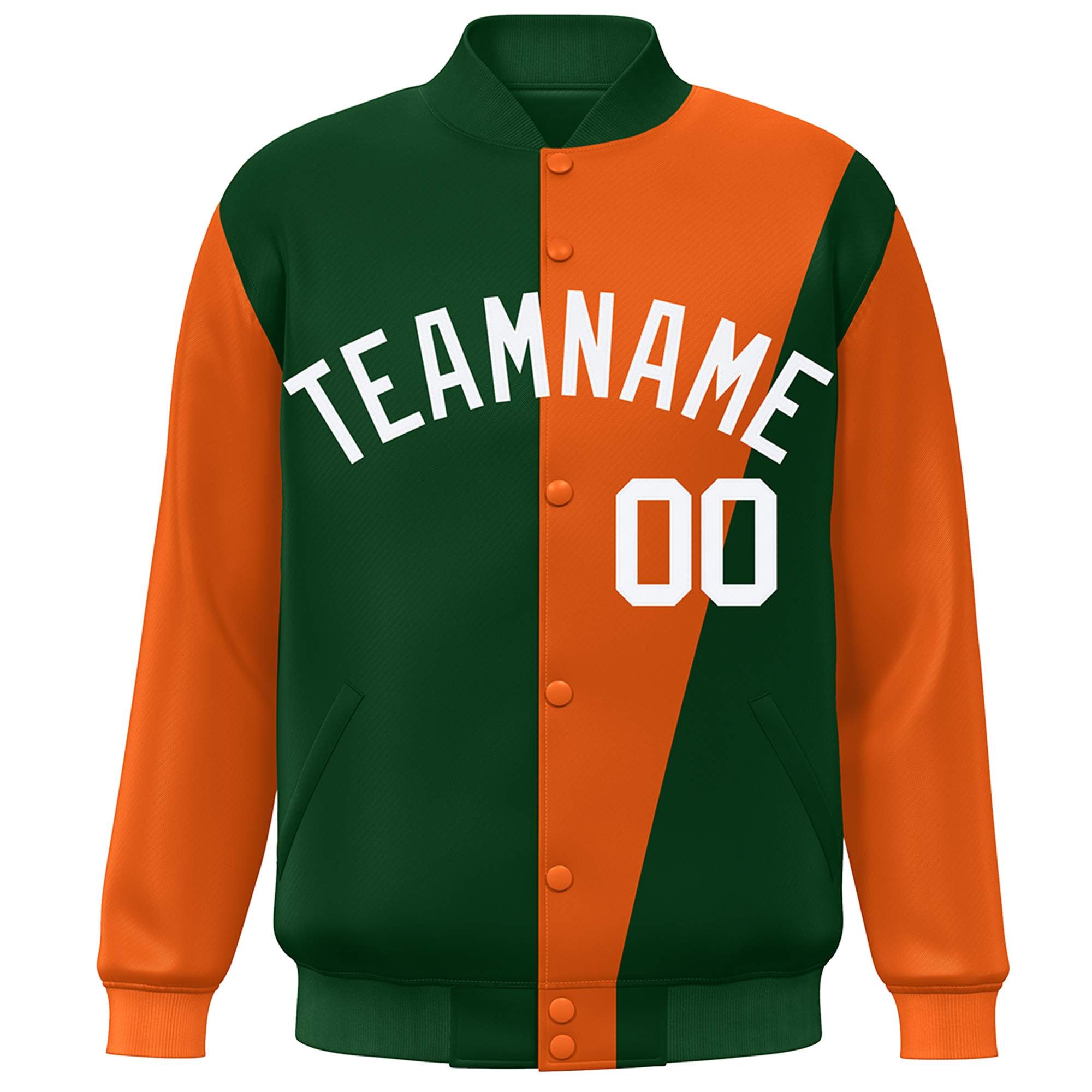 Custom Green Orange-White Color Block Varsity Full-Snap Bomber Jacket