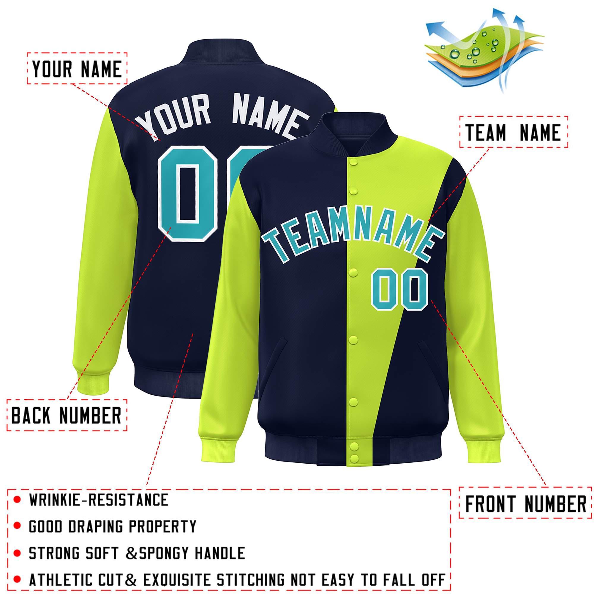 Custom Navy Neon Green-Aqua Color Block Varsity Full-Snap Bomber Jacket