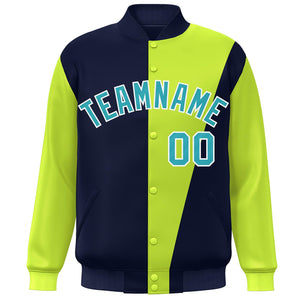 Custom Navy Neon Green-Aqua Color Block Varsity Full-Snap Bomber Jacket