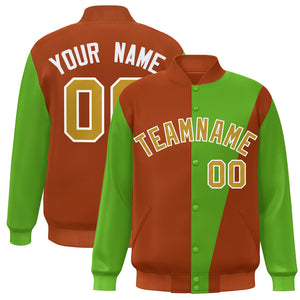 Custom Orange Green-Old Gold Color Block Varsity Full-Snap Bomber Jacket