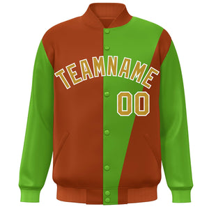 Custom Orange Green-Old Gold Color Block Varsity Full-Snap Bomber Jacket