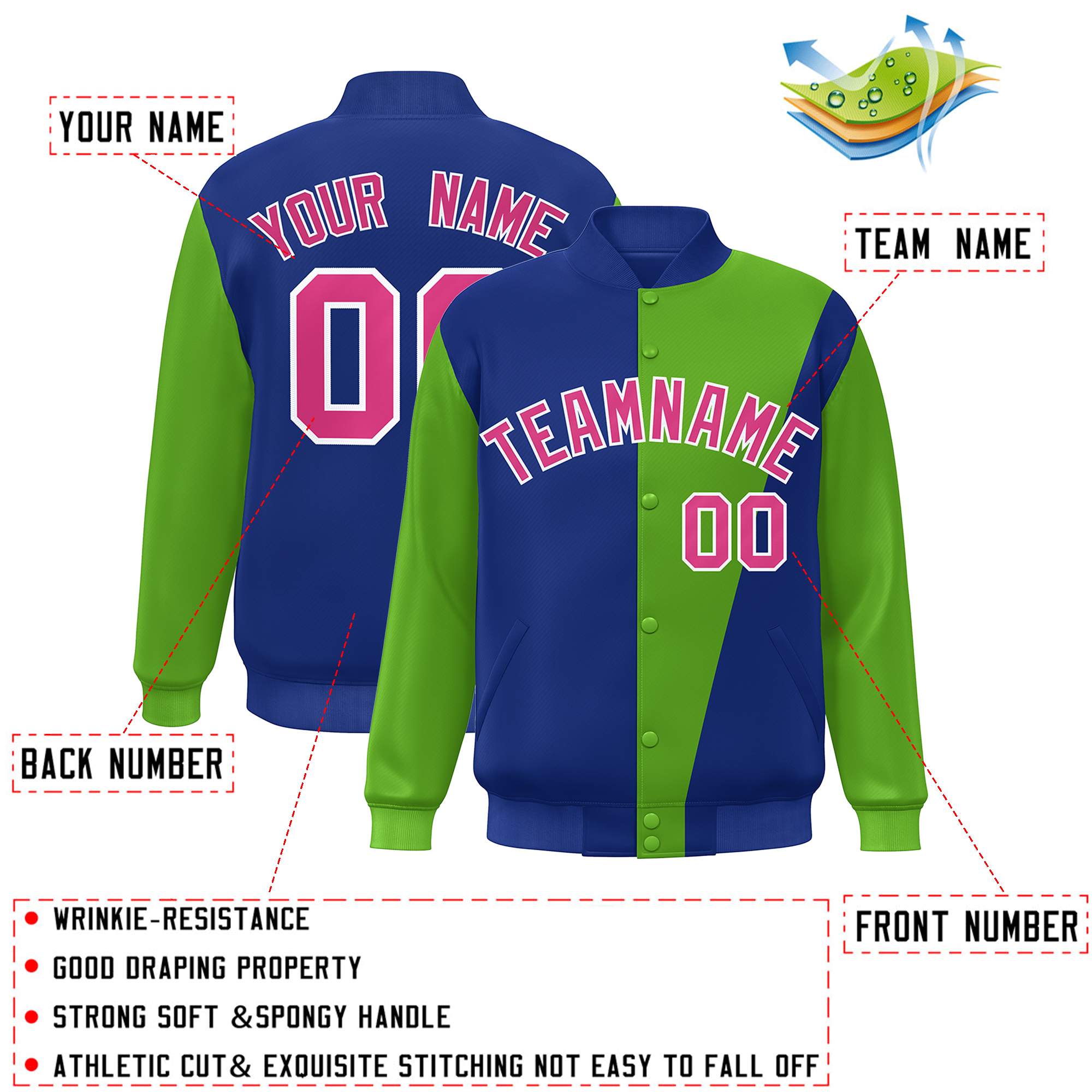 Custom Royal Green-Pink Color Block Varsity Full-Snap Bomber Jacket