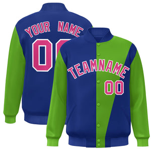 Custom Royal Green-Pink Color Block Varsity Full-Snap Bomber Jacket