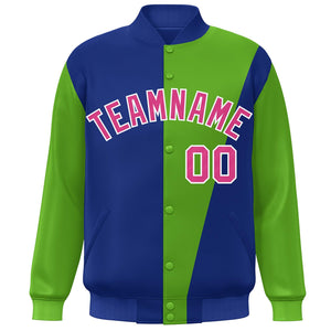 Custom Royal Green-Pink Color Block Varsity Full-Snap Bomber Jacket