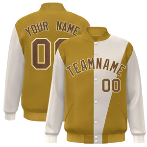 Custom Khaki Old Gold-Brown Color Block Varsity Full-Snap Bomber Jacket