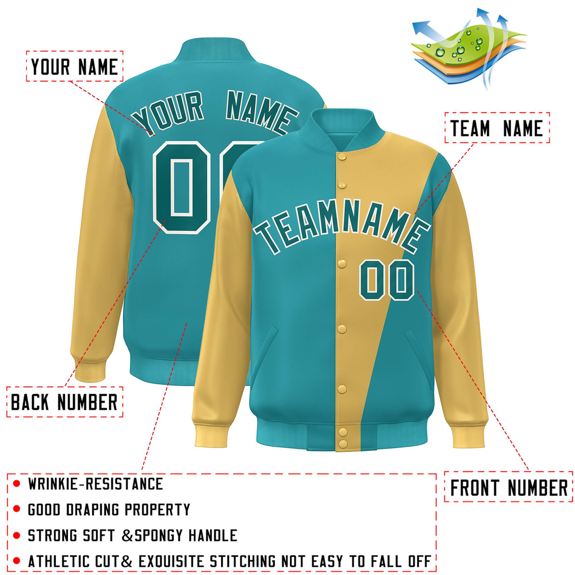 Custom Aqua Gold Color Block Varsity Full-Snap Bomber Jacket