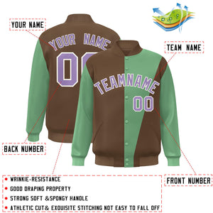 Custom Brown Green-Purple Color Block Varsity Full-Snap Bomber Jacket