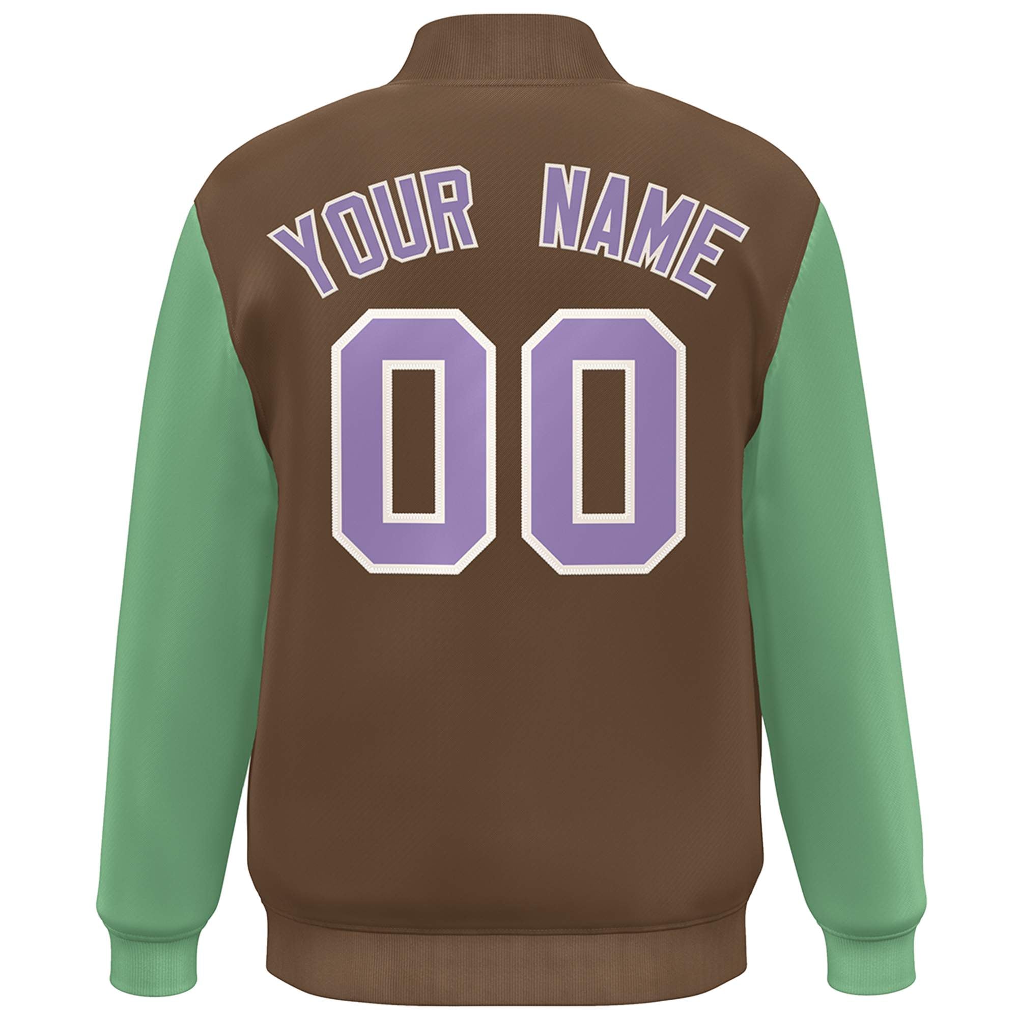 Custom Brown Green-Purple Color Block Varsity Full-Snap Bomber Jacket