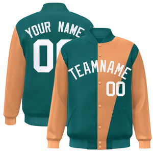 Custom Aqua Orange-White Color Block Varsity Full-Snap Bomber Jacket