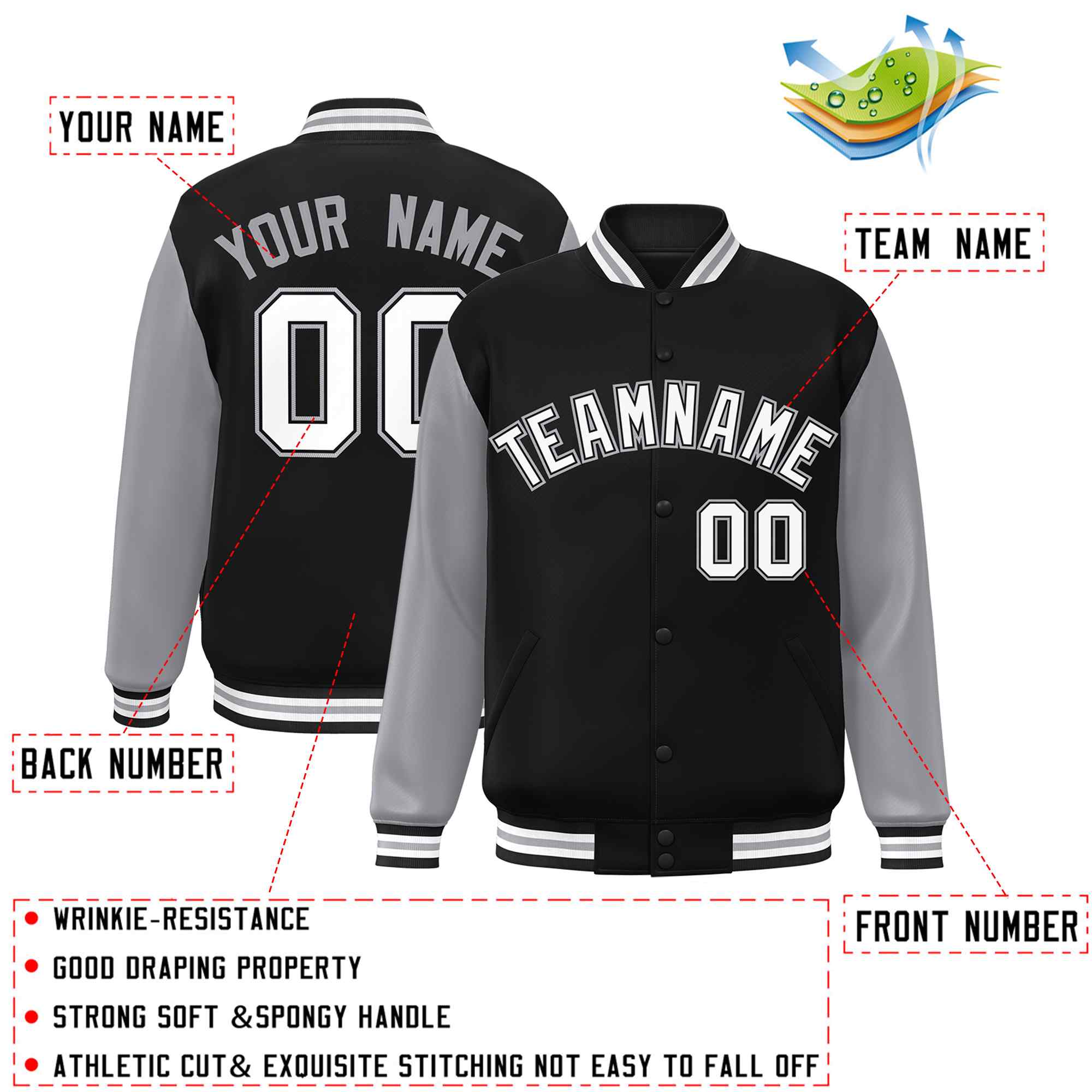 Veste Letterman Varsity Full-Snap à manches raglan personnalisées noir blanc-noir