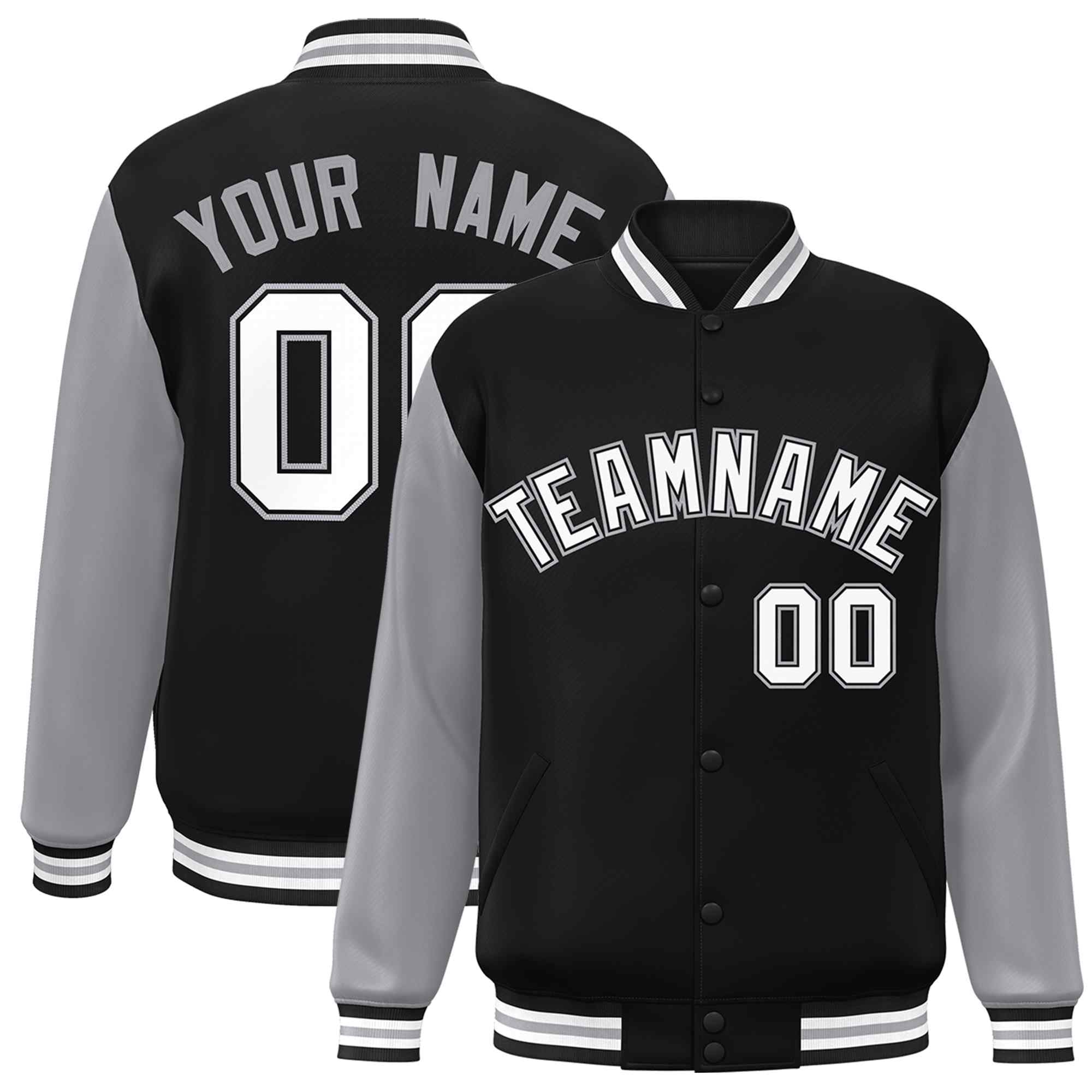 Veste Letterman Varsity Full-Snap à manches raglan personnalisées noir blanc-noir