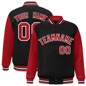 Veste Letterman Varsity Full-Snap à manches raglan personnalisées noir rouge-blanc