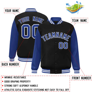 Custom Black Royal-White Raglan Sleeves Varsity Full-Snap Letterman Jacket