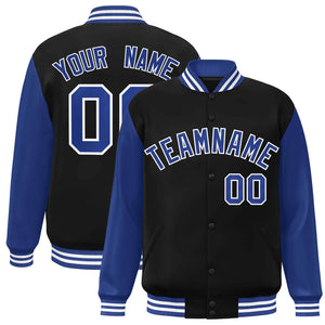 Custom Black Royal-White Raglan Sleeves Varsity Full-Snap Letterman Jacket