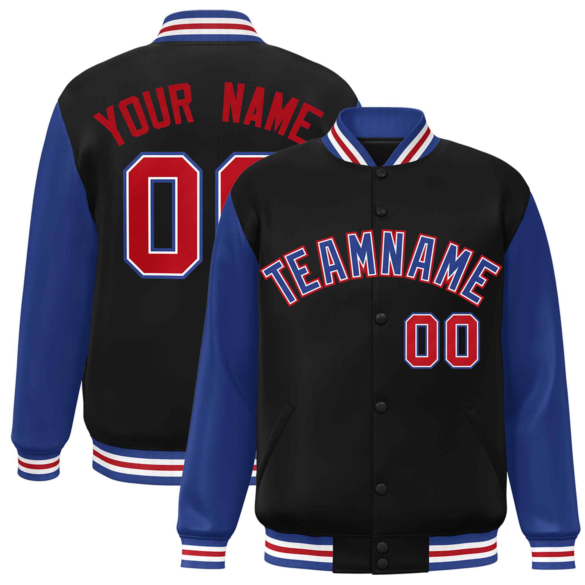 Custom Black Royal-White Raglan Sleeves Varsity Full-Snap Letterman Jacket