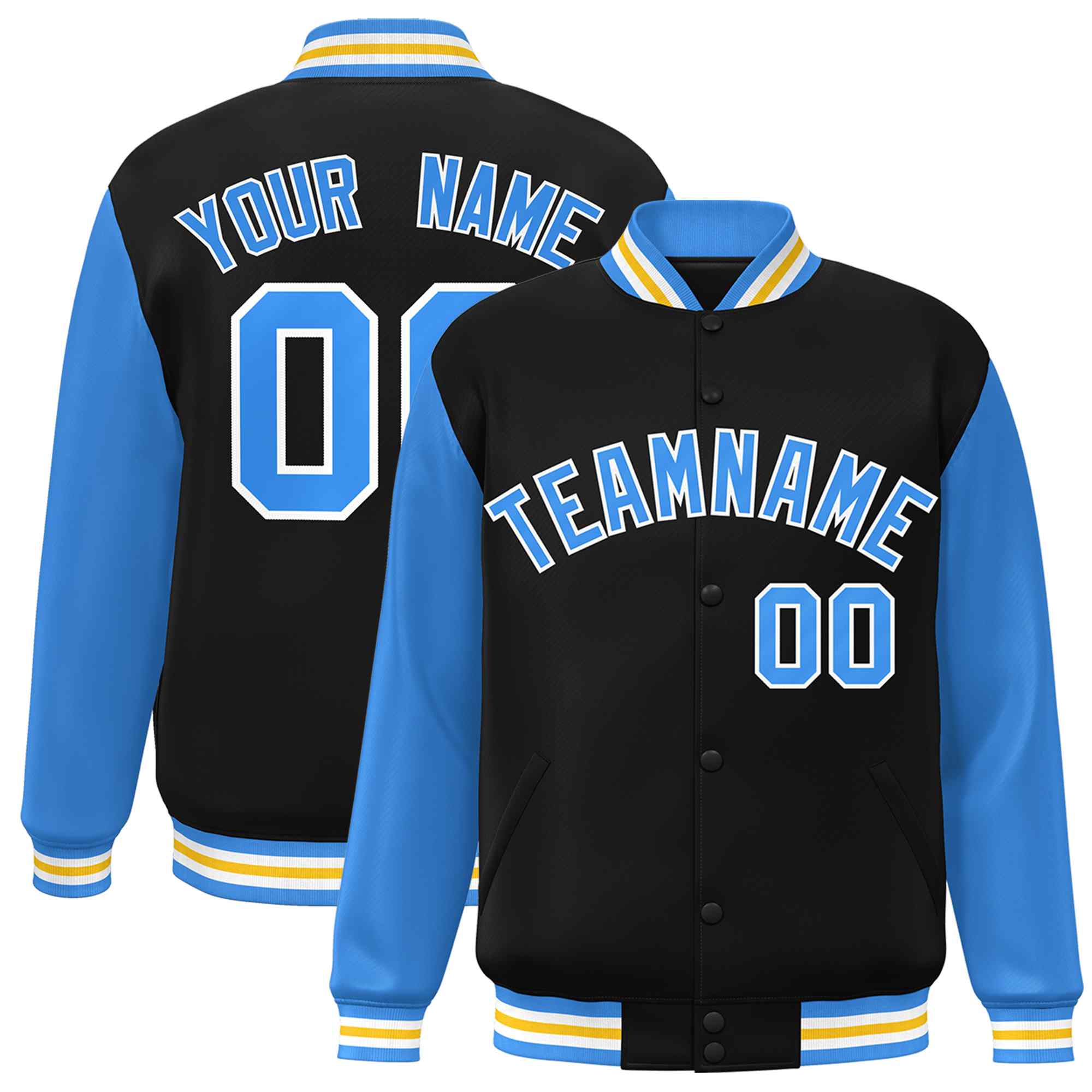 Custom Black Powder Blue-White Raglan Sleeves Varsity Full-Snap Letterman Jacket