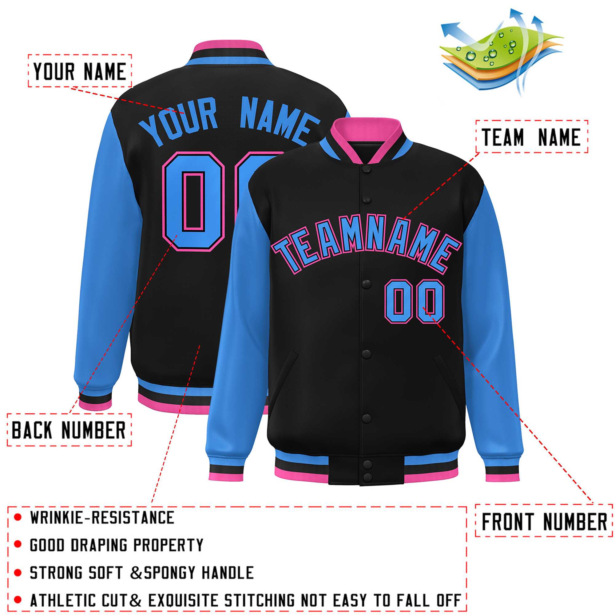 Custom Black Powder Blue-Black Raglan Sleeves Varsity Full-Snap Letterman Jacket