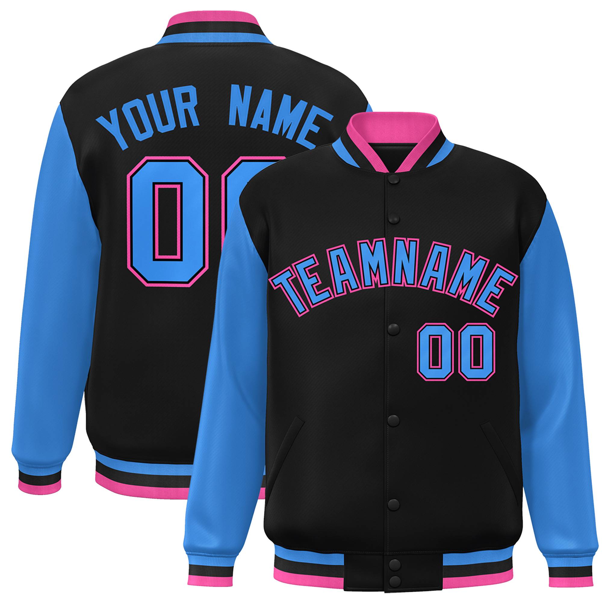 Custom Black Powder Blue-Black Raglan Sleeves Varsity Full-Snap Letterman Jacket