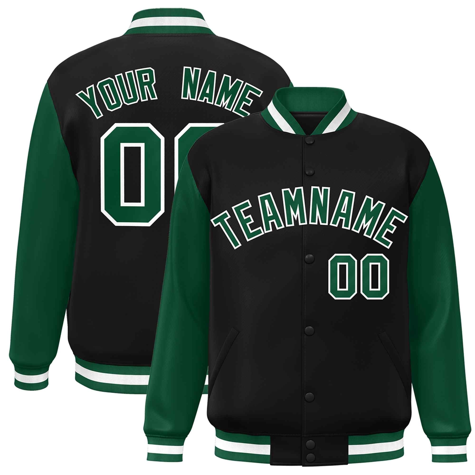 Custom Black Green-White Raglan Sleeves Varsity Full-Snap Letterman Jacket