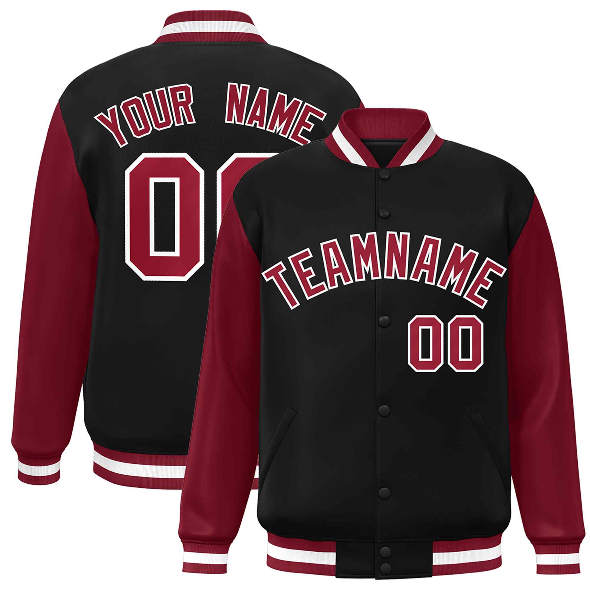 Custom Black Crimson-White Raglan Sleeves Varsity Full-Snap Letterman Jacket