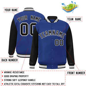 Veste Letterman Varsity Full-Snap Custom Royal Noir-Blanc à manches raglan