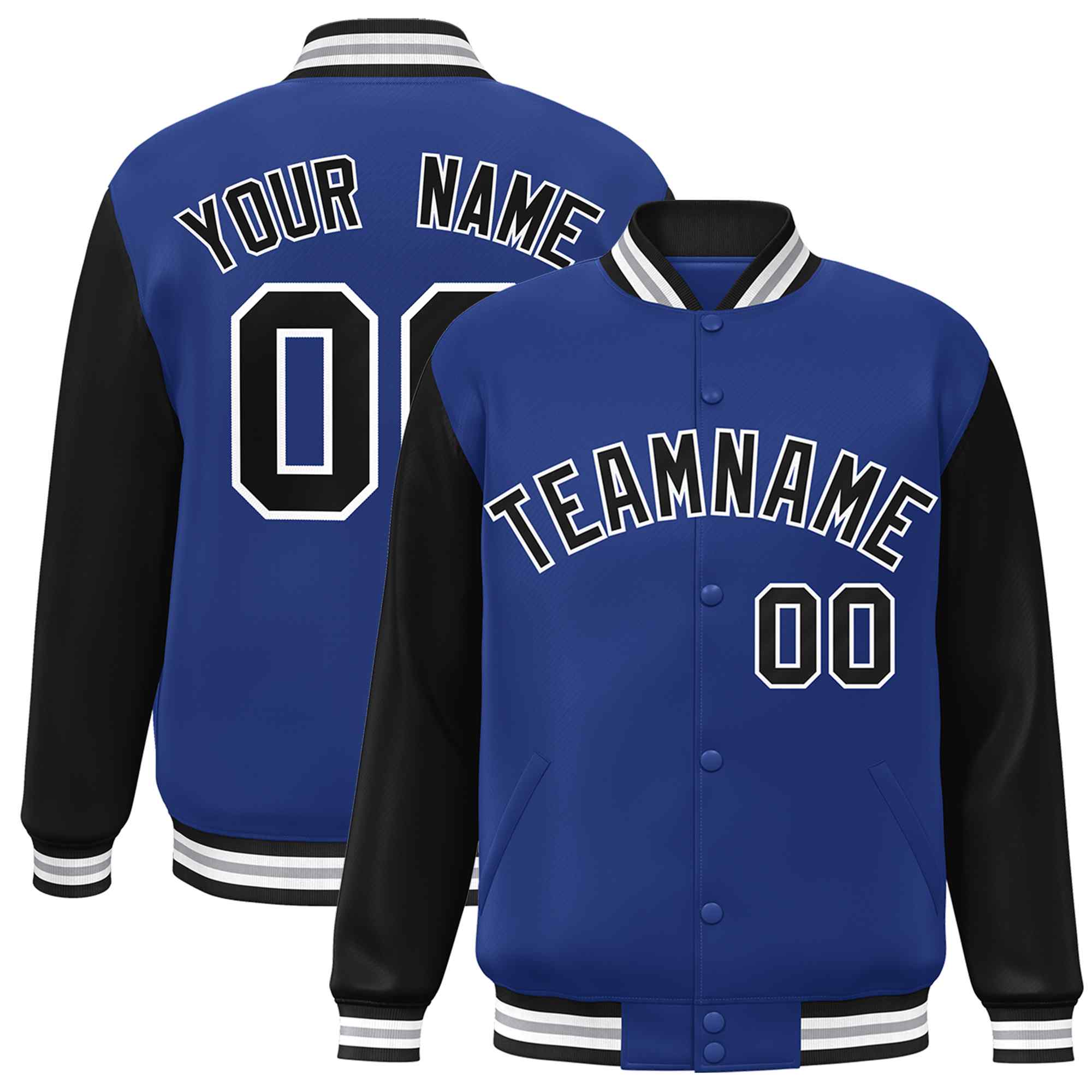 Veste Letterman Varsity Full-Snap Custom Royal Noir-Blanc à manches raglan