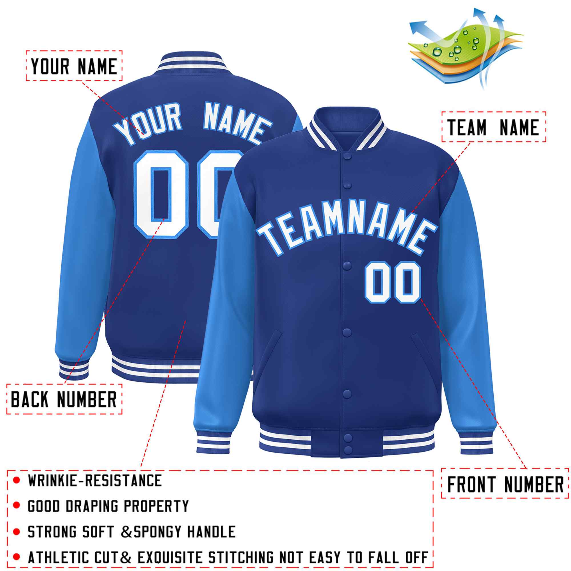 Veste Letterman Varsity Full-Snap Custom Royal White-Powder Blue à manches raglan