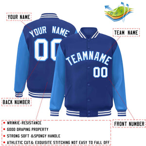 Custom Royal White-Powder Blue Raglan Sleeves Varsity Full-Snap Letterman Jacket