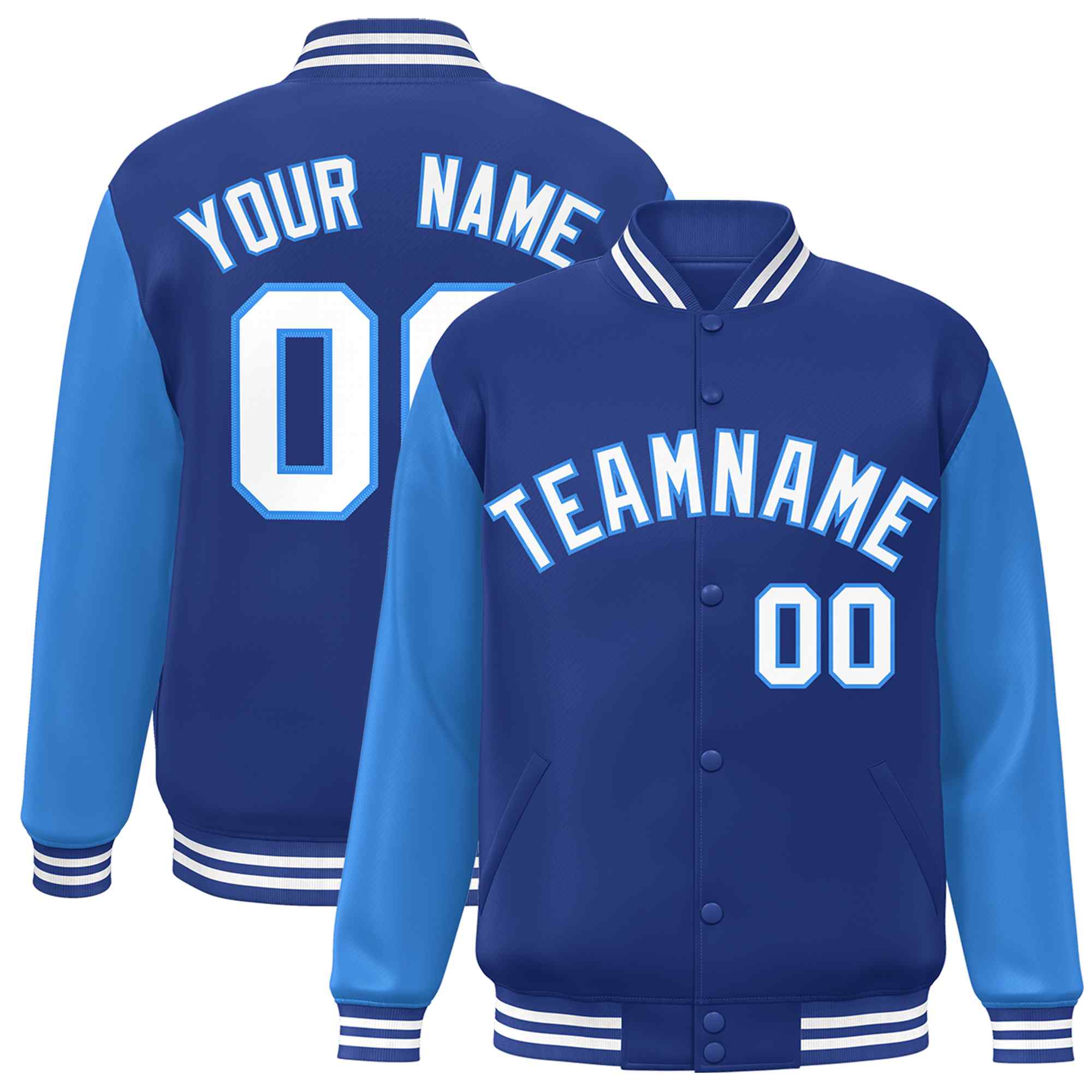 Veste Letterman Varsity Full-Snap Custom Royal White-Powder Blue à manches raglan