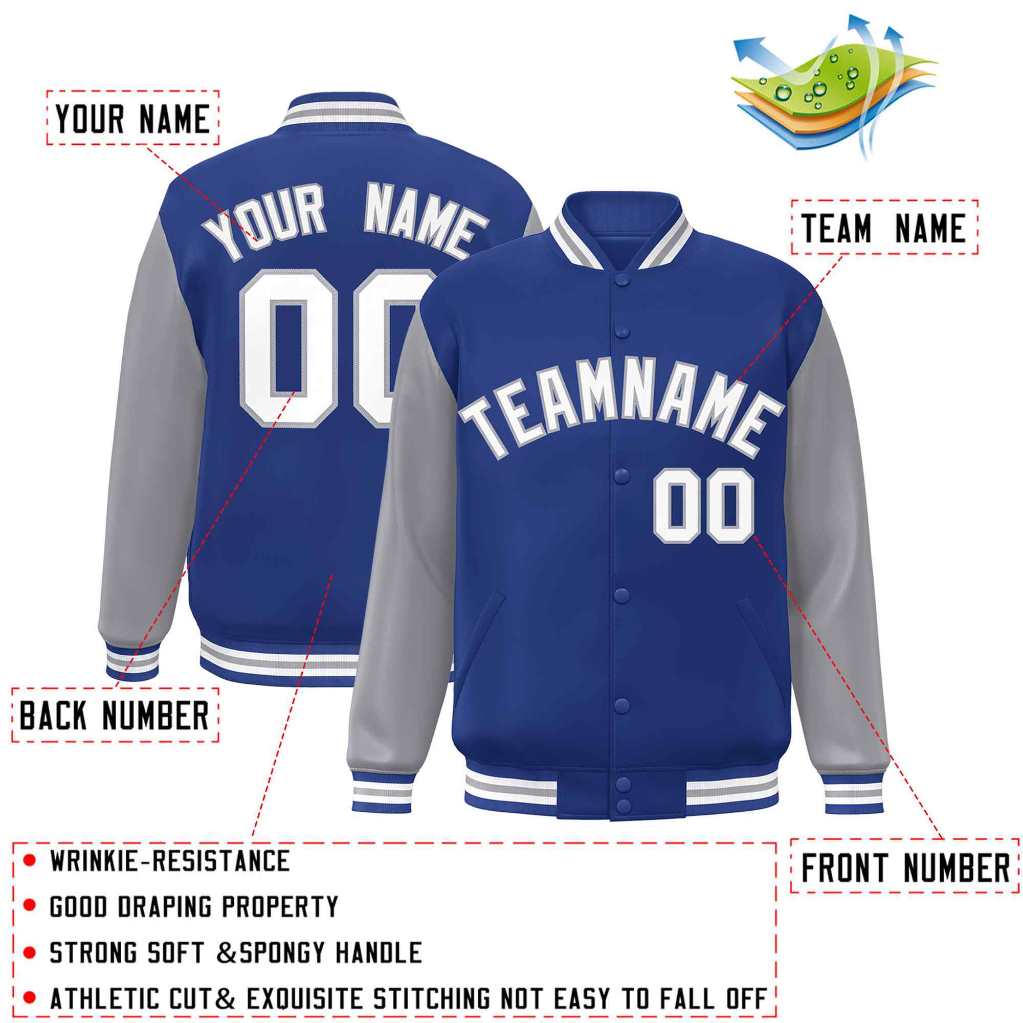 Veste Letterman Varsity Full-Snap personnalisée à manches raglan blanc-gris royal