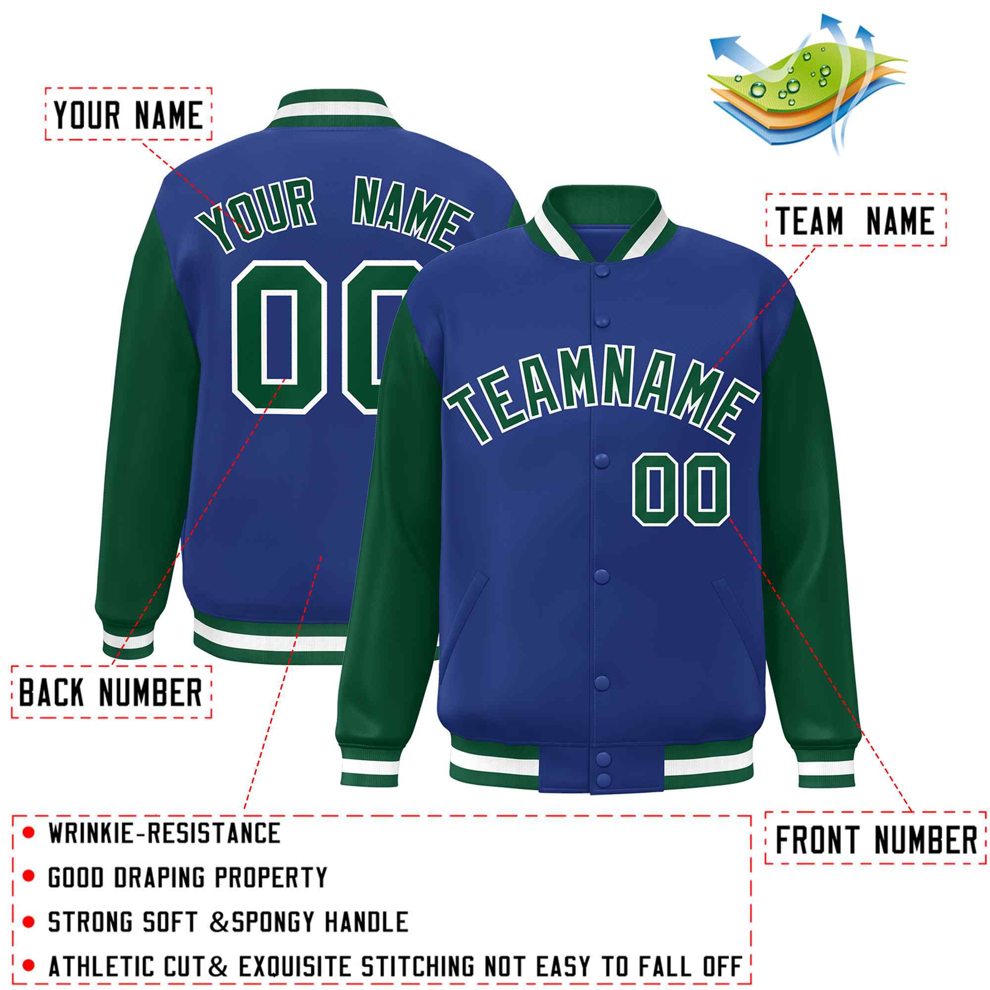 Veste Letterman Varsity Full-Snap à manches raglan personnalisées Royal Green-White