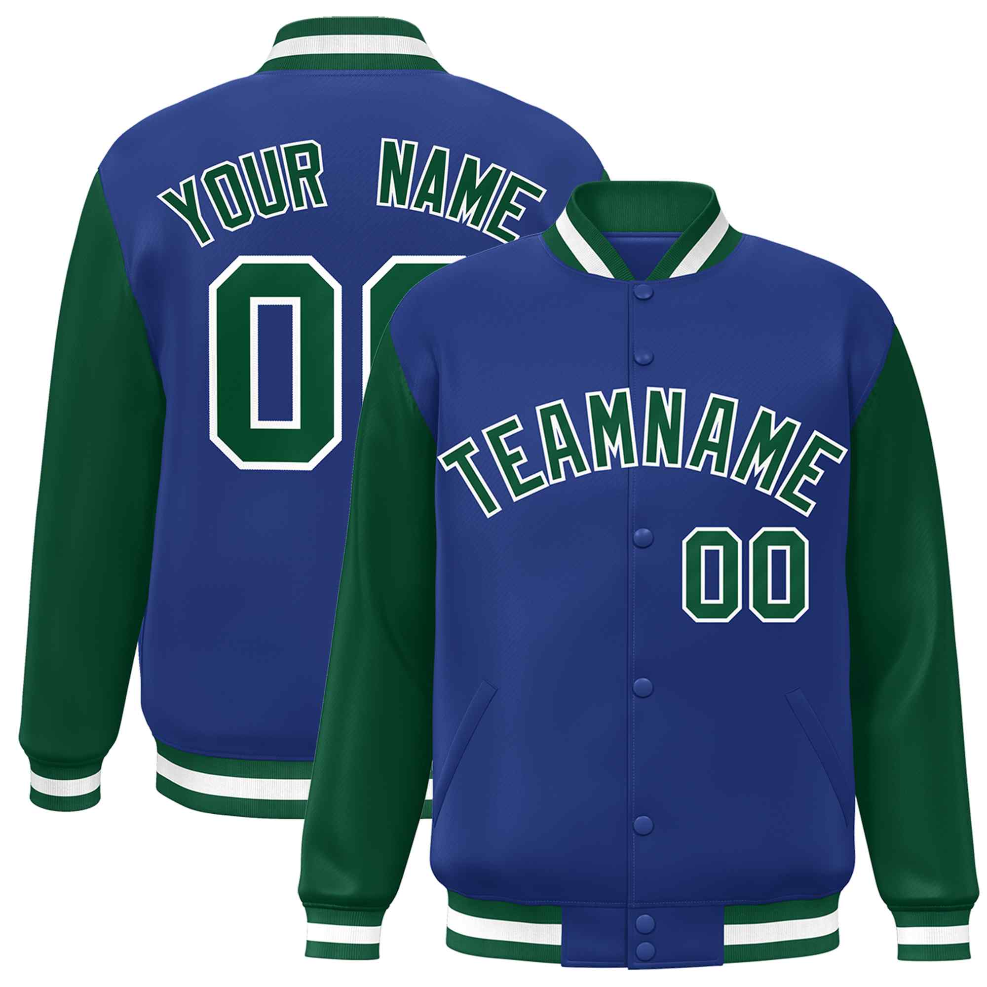 Veste Letterman Varsity Full-Snap à manches raglan personnalisées Royal Green-White