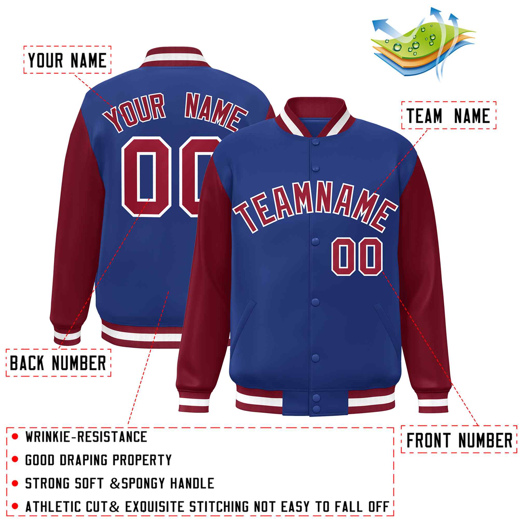 Custom Royal Crimson-White Raglan Sleeves Varsity Full-Snap Letterman Jacket