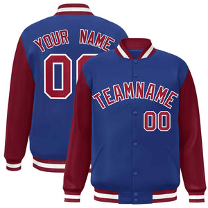 Custom Royal Crimson-White Raglan Sleeves Varsity Full-Snap Letterman Jacket