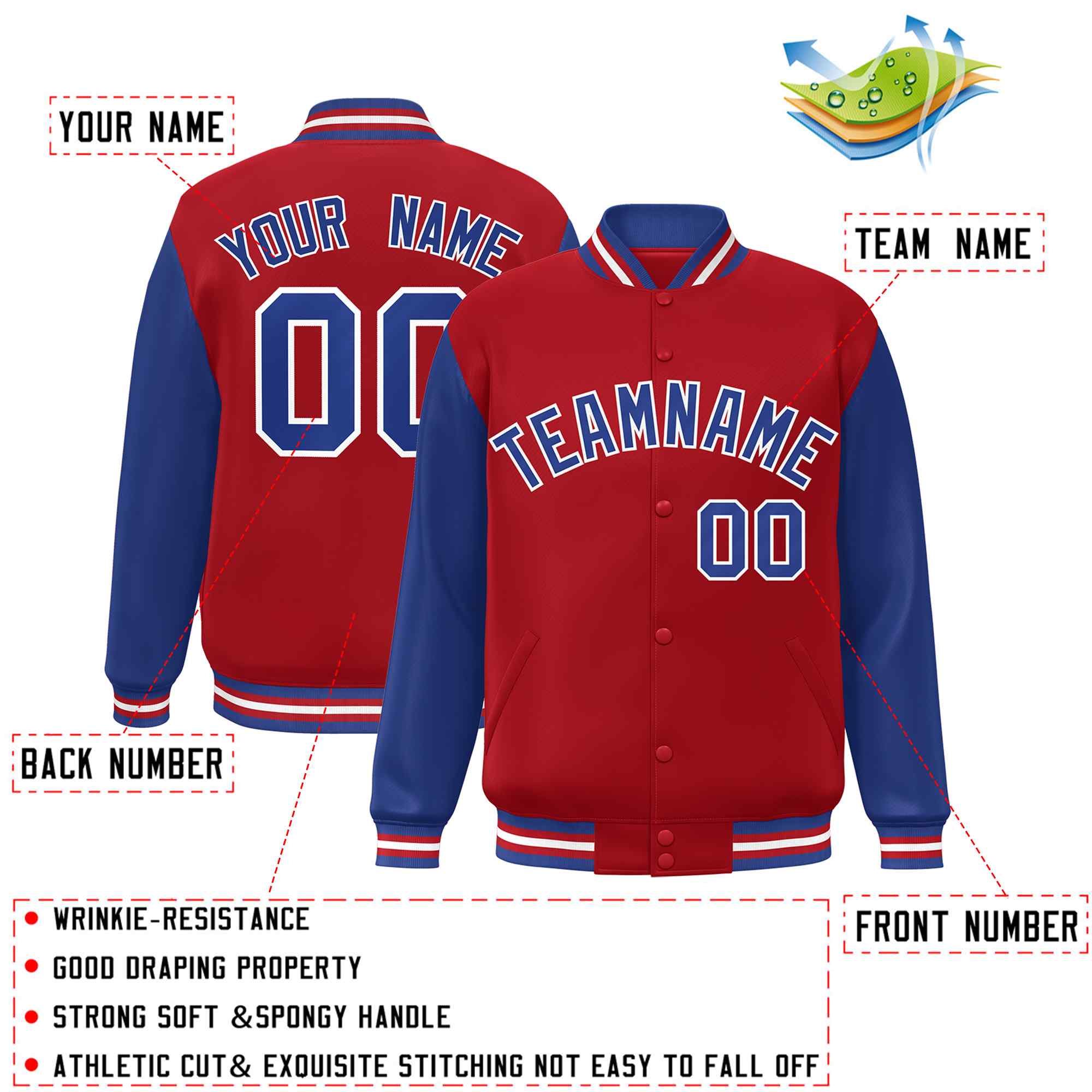 Custom Red Royal-White Raglan Sleeves Varsity Full-Snap Letterman Jacket