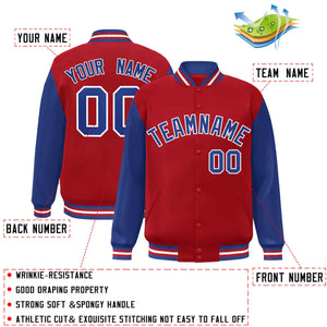 Veste Letterman Varsity Full-Snap à manches raglan rouge royal-blanc personnalisée