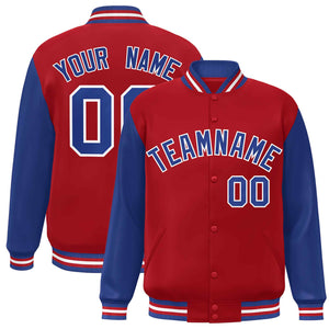 Veste Letterman Varsity Full-Snap à manches raglan rouge royal-blanc personnalisée