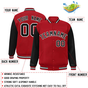 Veste Letterman Varsity Full-Snap à manches raglan rouge noir-blanc personnalisée