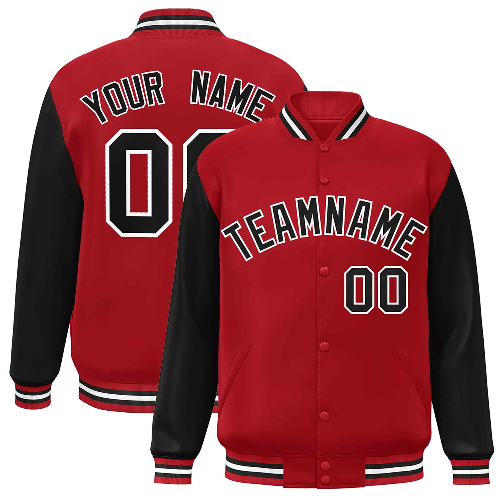 Custom Red Black-White Raglan Sleeves Varsity Full-Snap Letterman Jacket