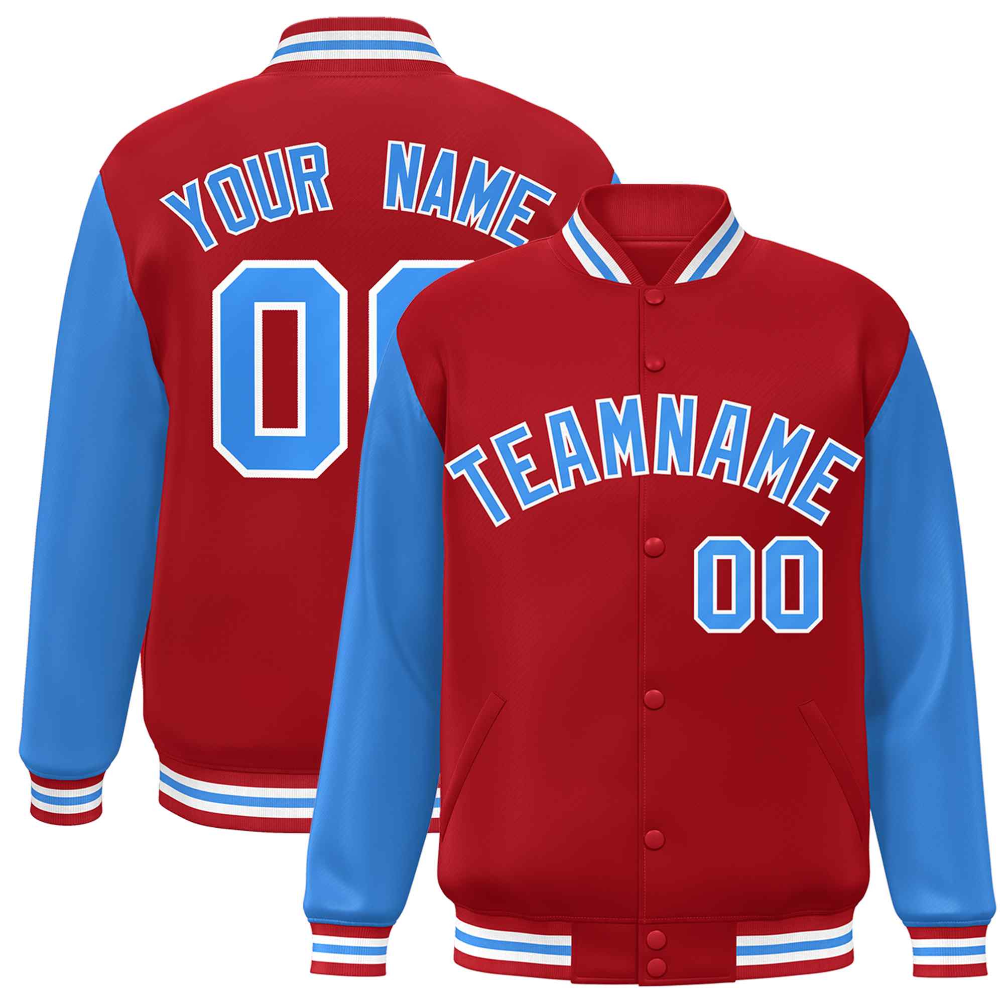 Veste Letterman Varsity Full-Snap à manches raglan bleu-blanc poudre rouge personnalisée